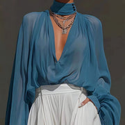Loose-fit Plus-size Long-sleeve Shirt With A Deep V-neck And Puff Sleeves