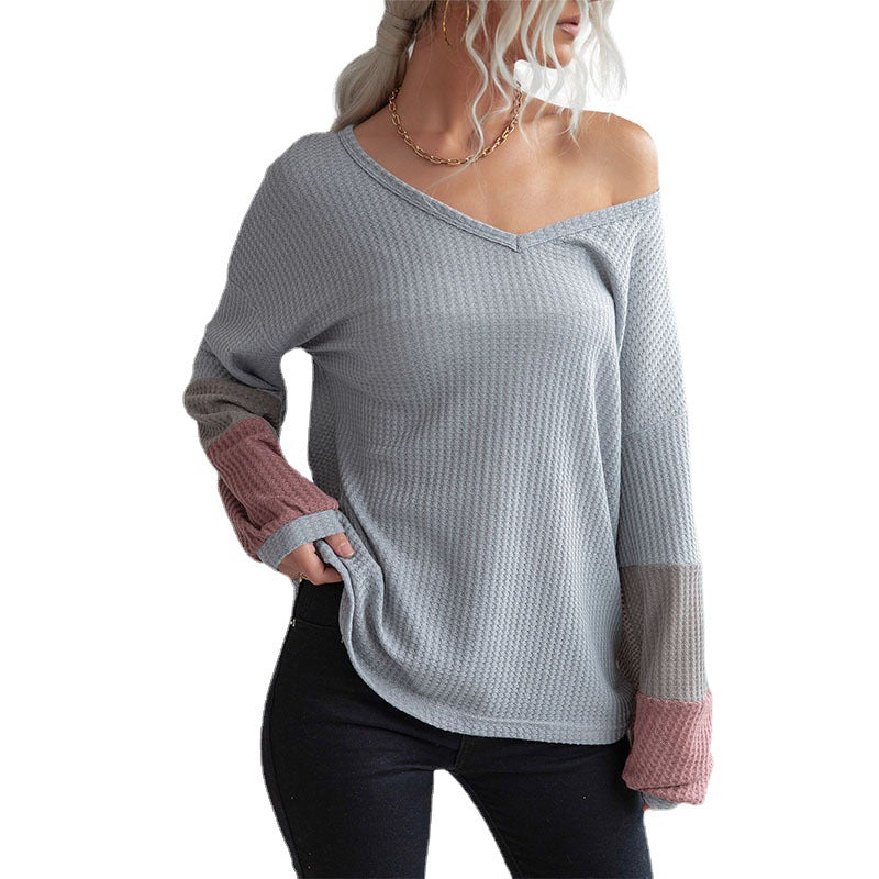 Chic Colorblock Waffle V-Neck Knit Pullover Top