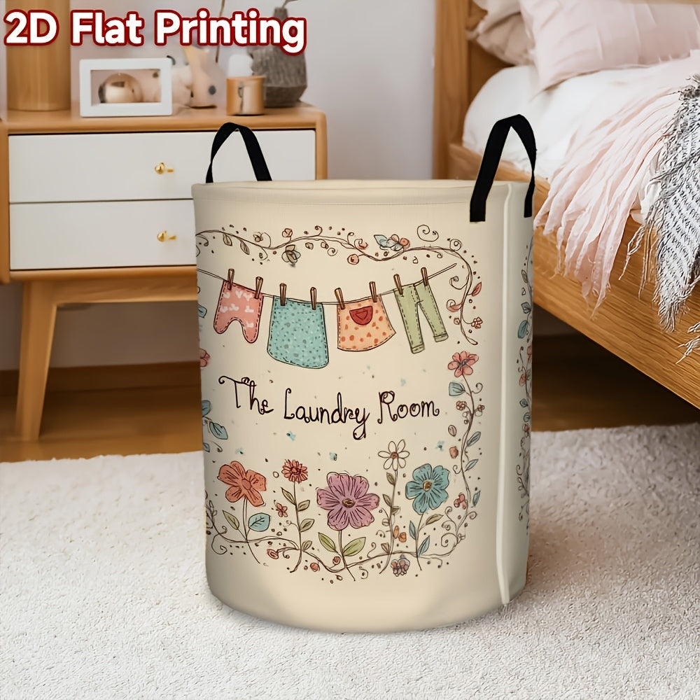 Beige High-Capacity Foldable Laundry Hamper with Floral and Clothespin Print and Sturdy Handle
