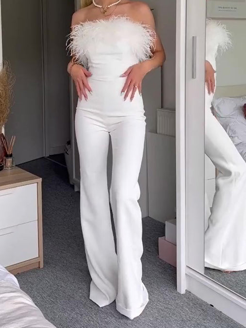 Elegant White Off-Shoulder Feather Jumpsuit