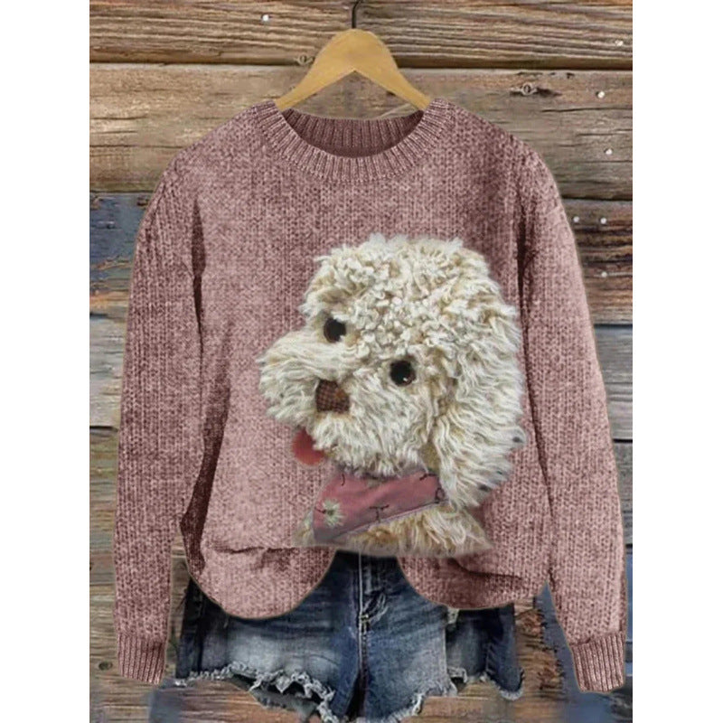 Womens Printed Crew-neck Chunky-knit Faux Sweater
