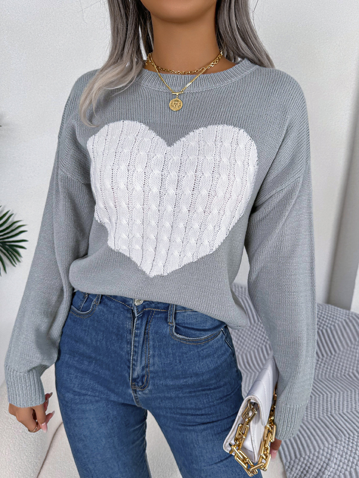 Women Cable Knit Heart Long Sleeve Pullover Sweater