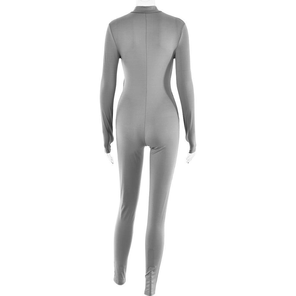 Women's Long-Sleeve Zip-Up High-Waist Jumpsuit