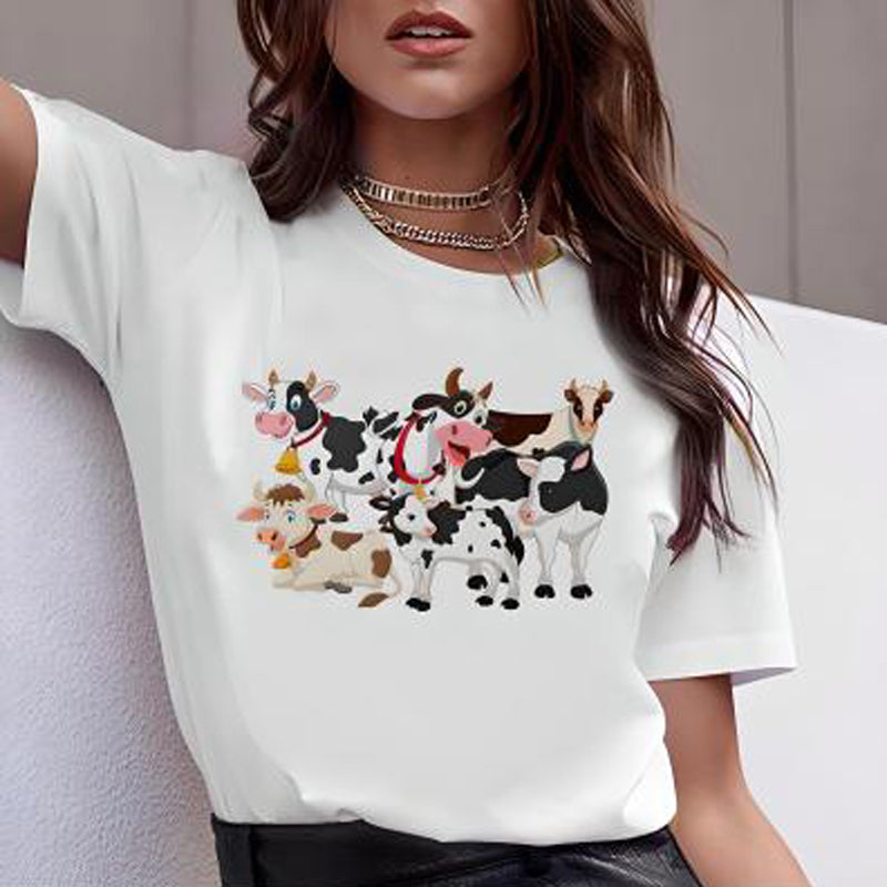 New Cow Animal Cartoon Print White Round Neck Short Sleeve