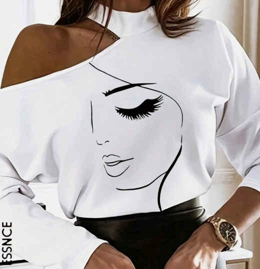 Chic Open Shoulder Cartoon Graphic Long Sleeve Tee
