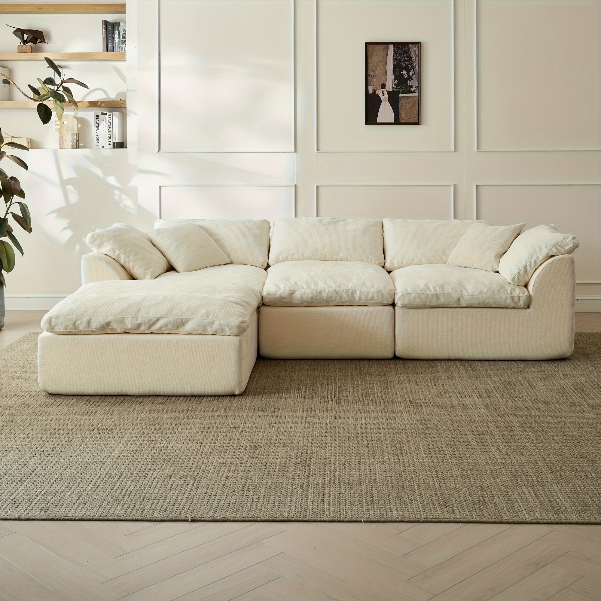 Modular L-shaped chaise longue sofa bed with deep seat and corduroy upholstery