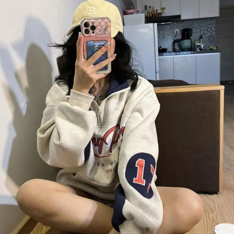 Women's Vintage Zip Polo Sweatshirt - Retro Loose Pullover