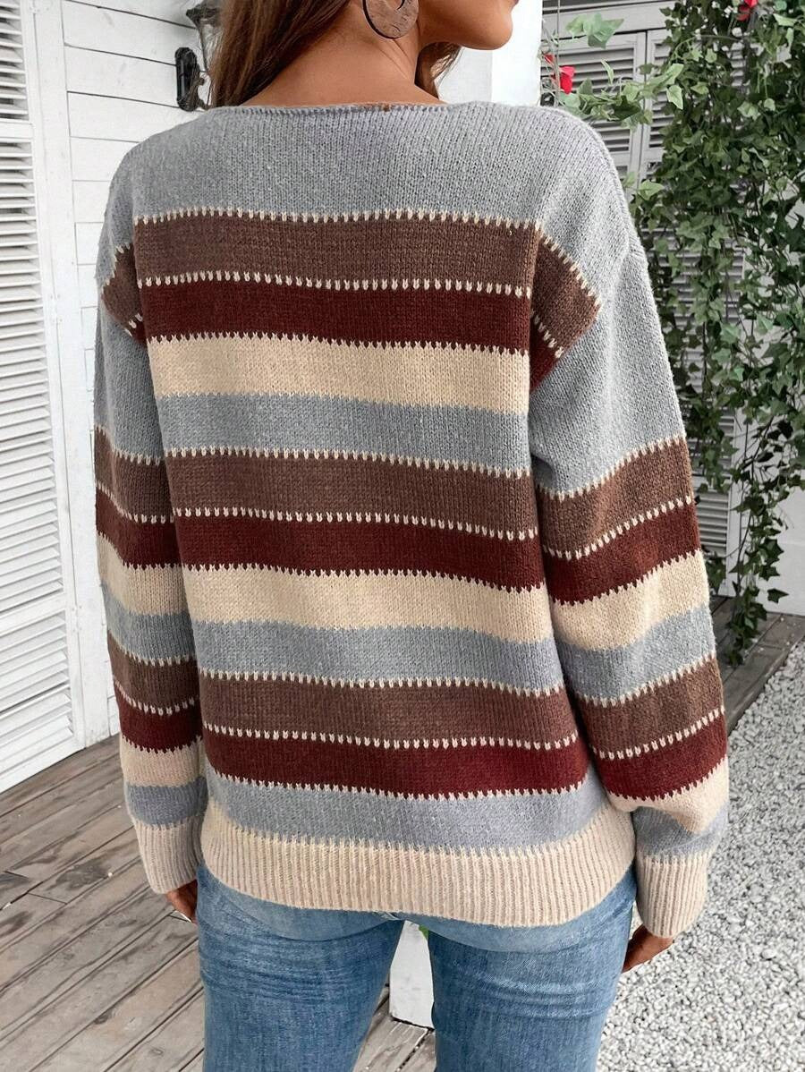 Ins Colorblock Striped Pullover Sweater Fashion Casual Long Sleeve Top Autumn and Winter Women's Clothing