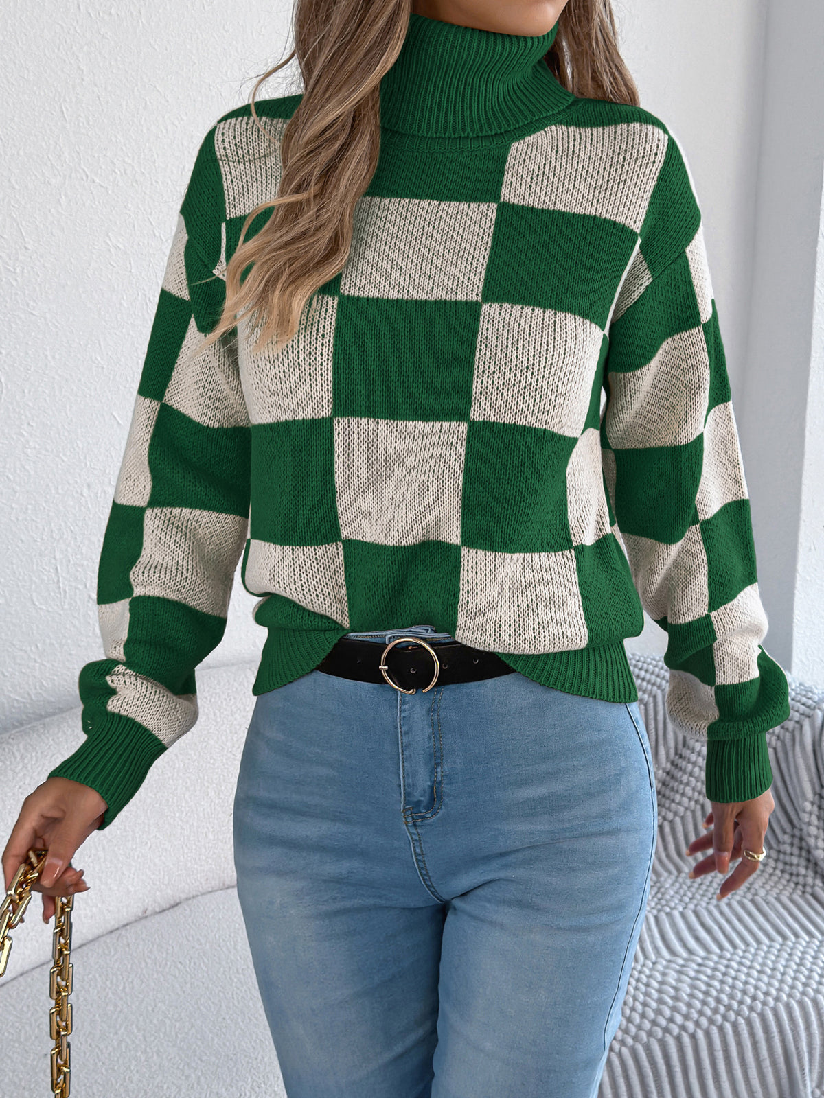 Women's High Neck Color-blocked Plaid Lantern Sleeve Sweater