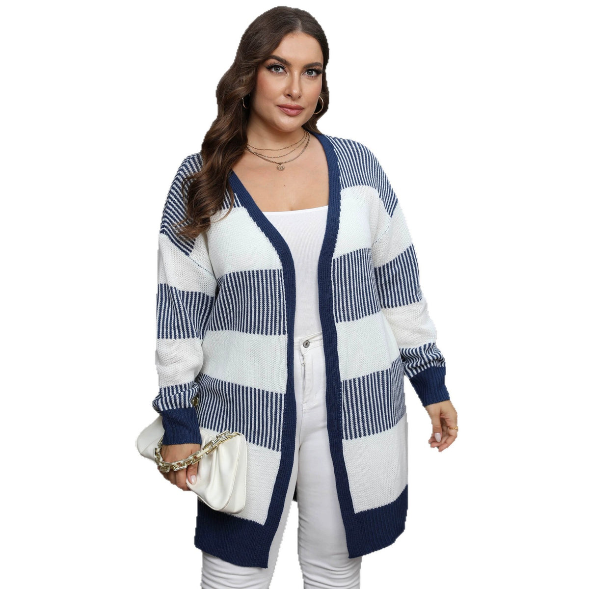 Color Blocking Patchwork Striped Knitted Cardigan for Women