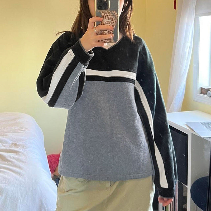 Women's Contrast Color Striped Stitching Small V-neck Design Loose-fitting Casual Pullover Female
