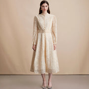 Heavy-duty Lace-embroidered Stand-collar Single-breasted Waist-cinching Maxi Dress