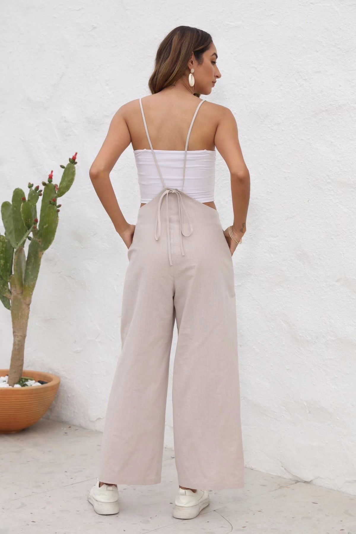Women's Casual Cotton Linen Solid Sleeveless Jumpsuit