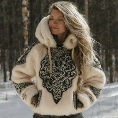Retro-print Womens Hooded Faux-knit Hoodie