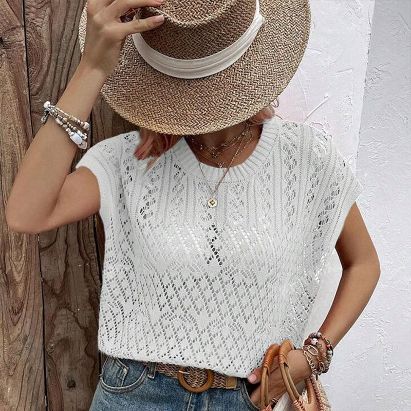 Sun-Protective Hollow-Out Knit Crew-Neck Swimsuit Top – Beach Cover-Up