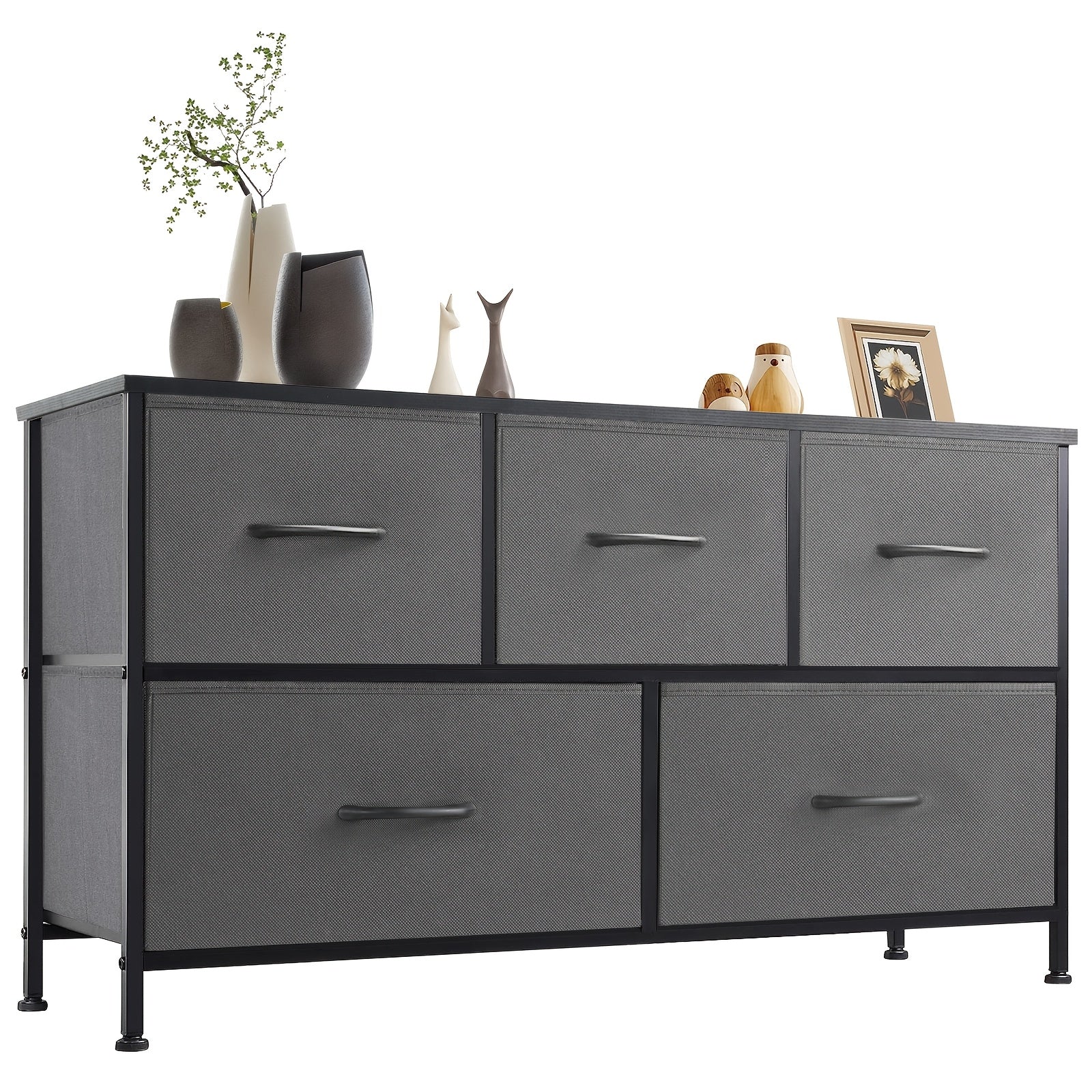 5-Drawer Wide Dresser with Fabric Bins, Freestanding Wood Chest – Khaki/Green
