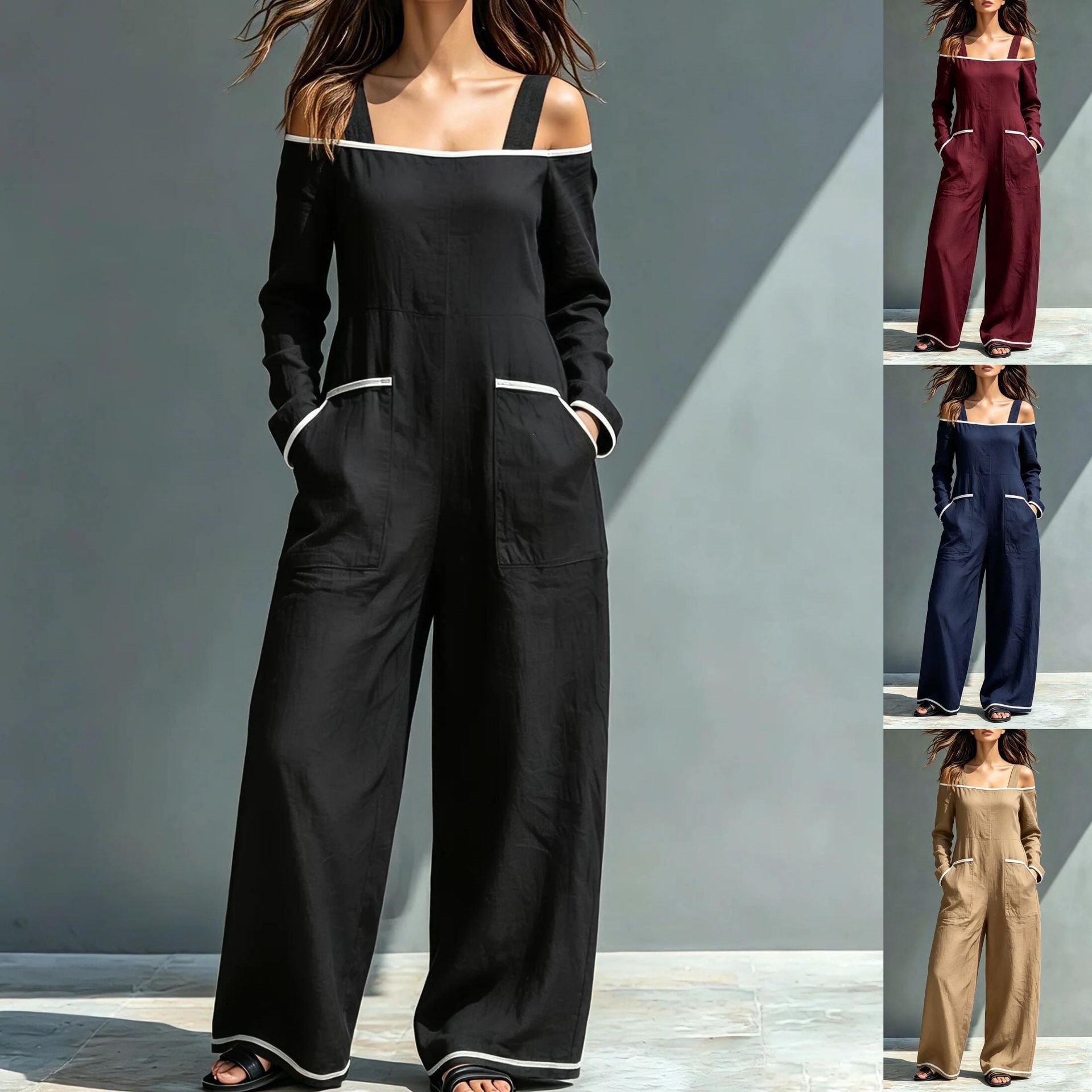 Summer Womens Fashionable Minimalist Long-Sleeve Casual Jumpsuit