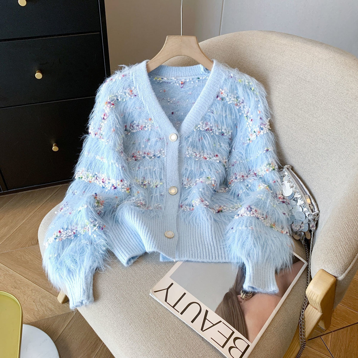 Mink-velvet Knitted Sweater Coat for Women Autumnwinter White with Tassels