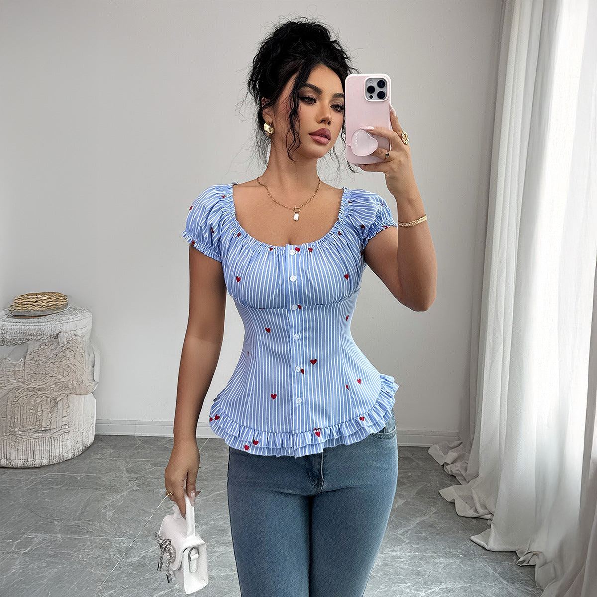 Elegant Figure-flattering Shirt With A Waist-cinching Design Floral Print And Puff Sleeves