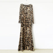 Leopard Print Velvet Long-Sleeve Maxi Evening Gown