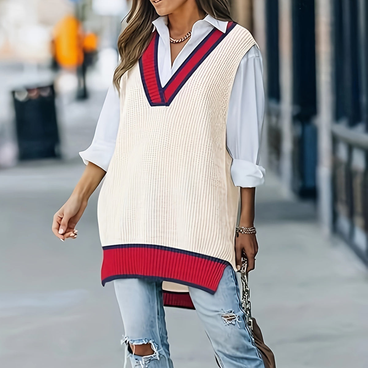 Color-block Casual V-neck Autumnwinter Vest Womens Sweater