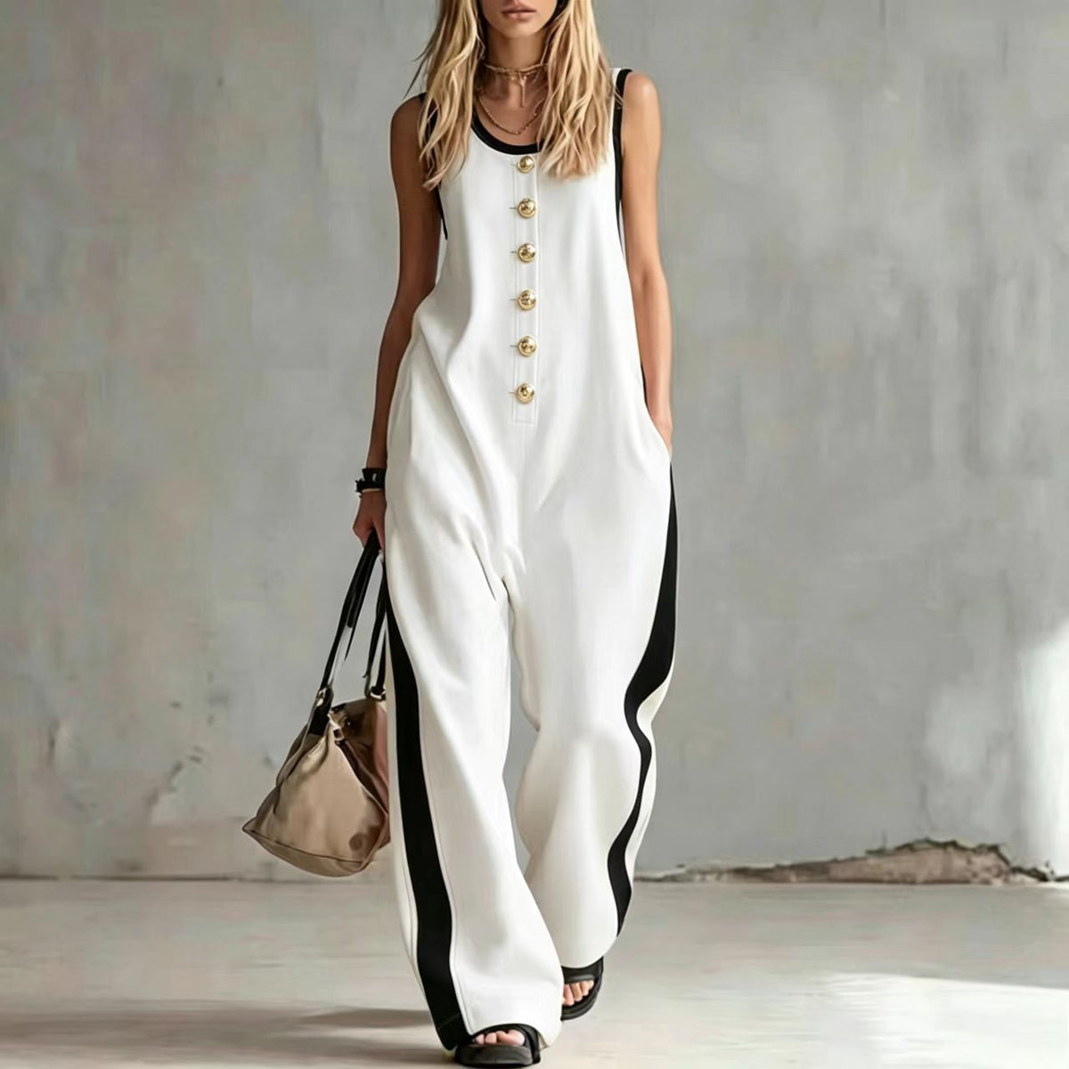 Chic Colorblock Buttoned Crew Neck Sleeveless Jumpsuit
