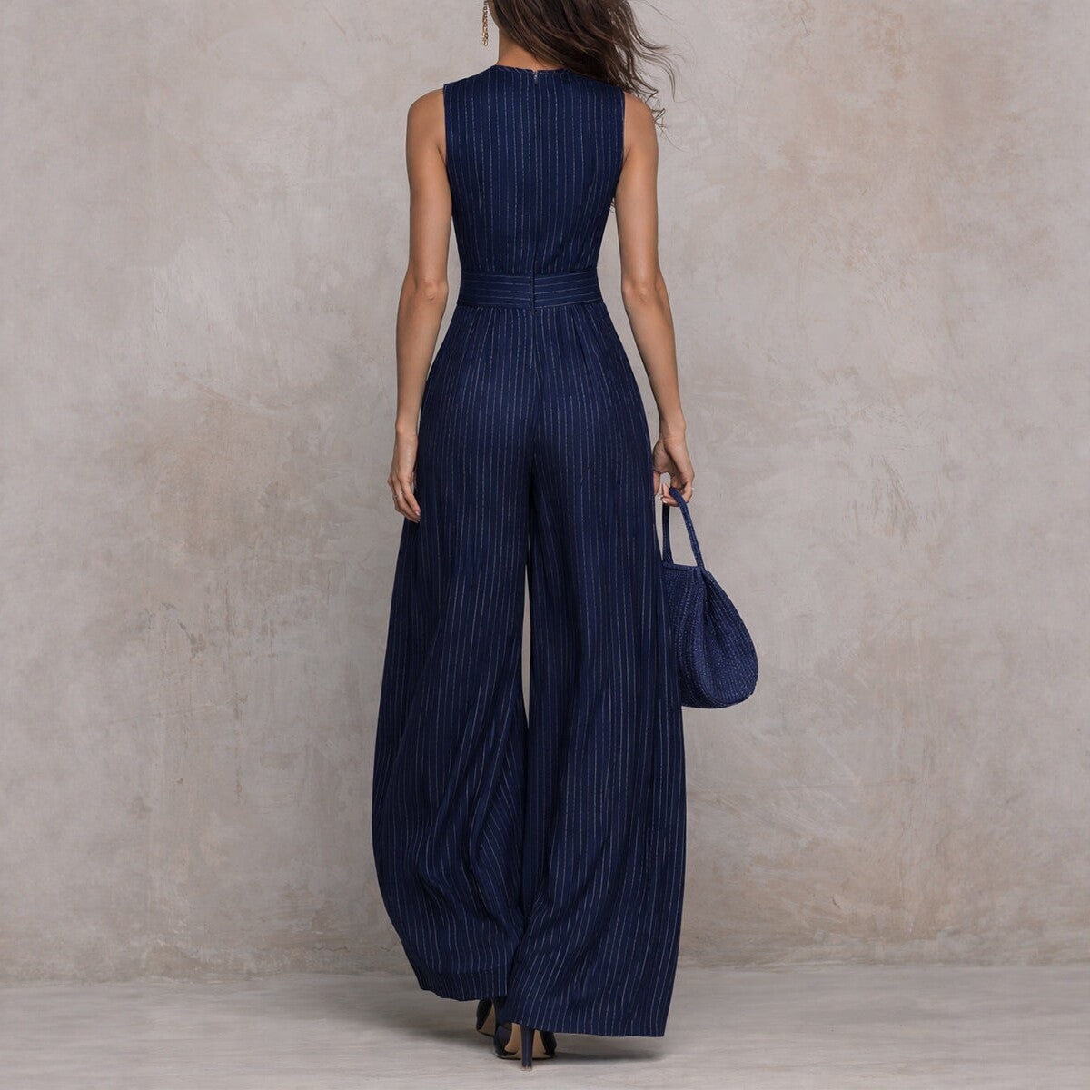 Deep Blue Striped Sleeveless Waist-Cinched Wide-Leg Jumpsuit
