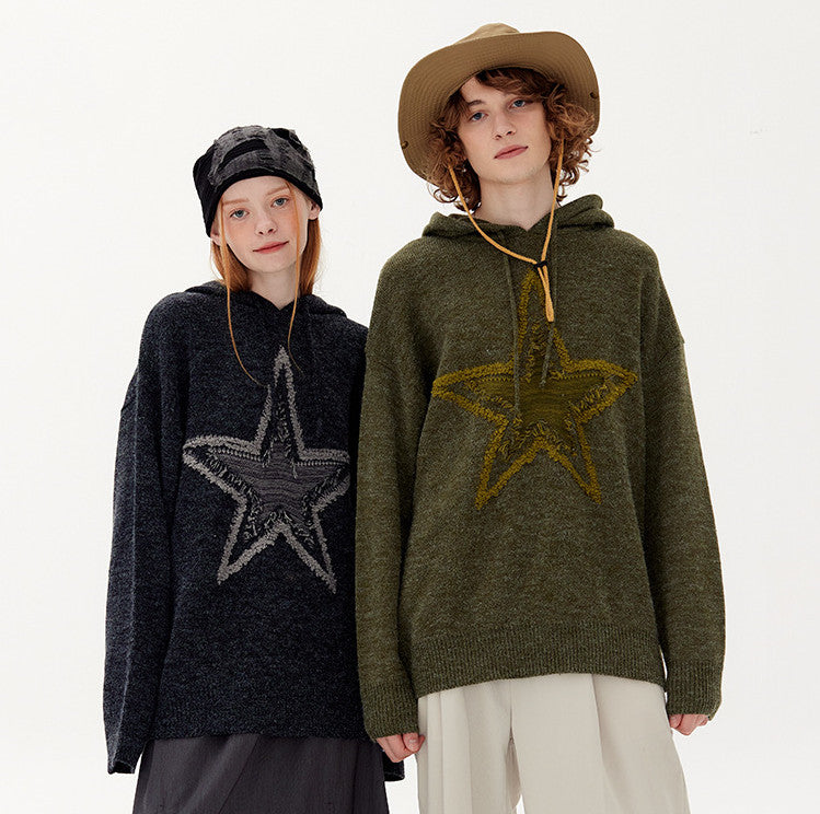 Star Jacquard Oversized Hooded Knit Sweater