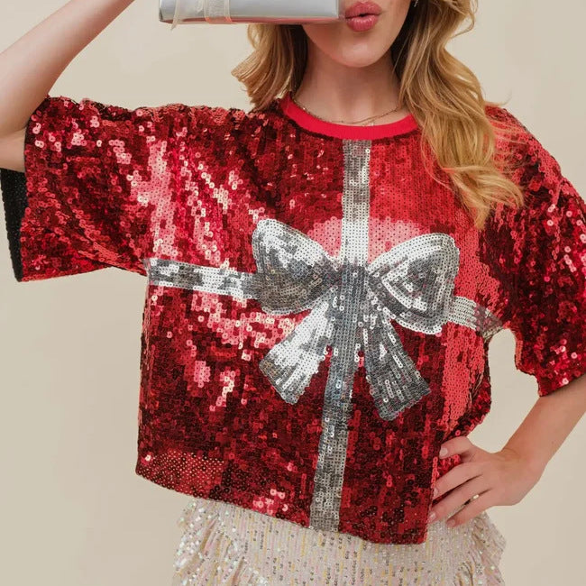 Sequined Rugby Top – Loose Short‑Sleeve Blouse, Sparkle & Comfort
