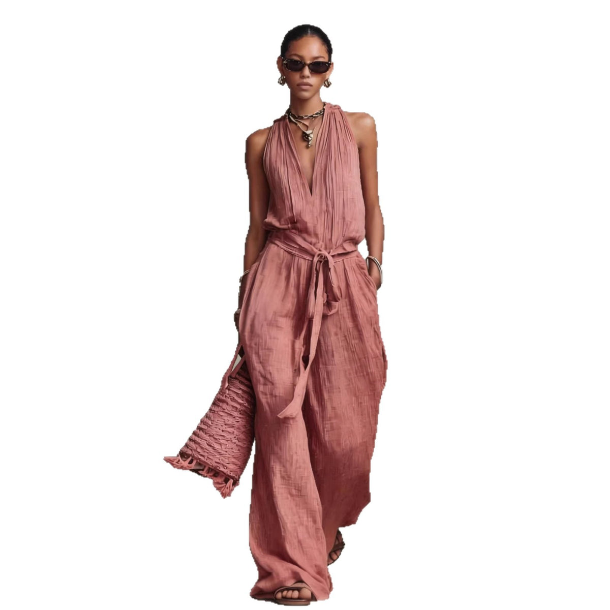 Casual Lace-Up Sleeveless Cotton-Blend Jumpsuit