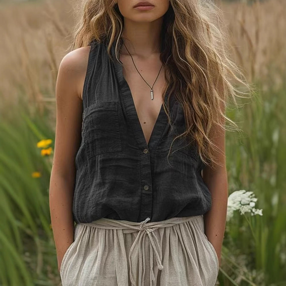 Women's Casual Loose Sleeveless Cotton Linen V-neck Pocket Vest Shirt