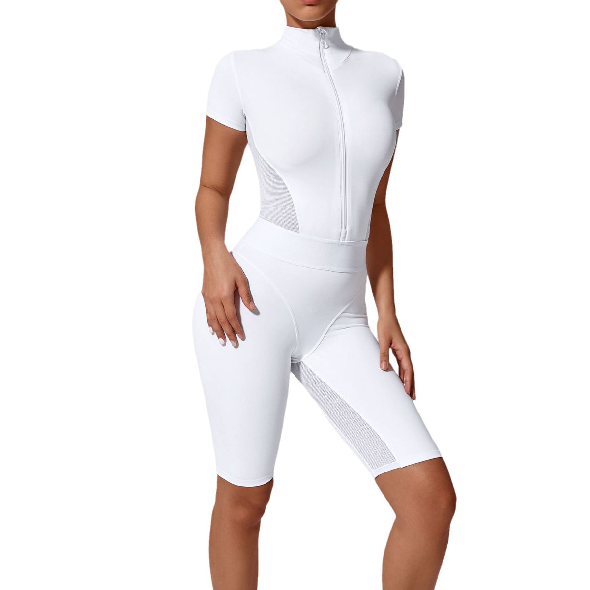 Tight Waist Open Collar Zipper Short Sleeve Yoga Jumpsuit