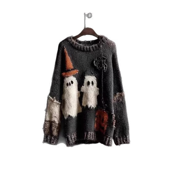 Retro Quirky Loose-fitting Crew-neck Pullover Sweater for Fall and Winter