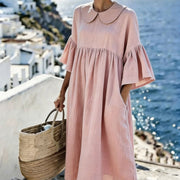 Casual Lapel-collar Three-quarter-sleeve Loose-fitting Solid-color Womens Dress