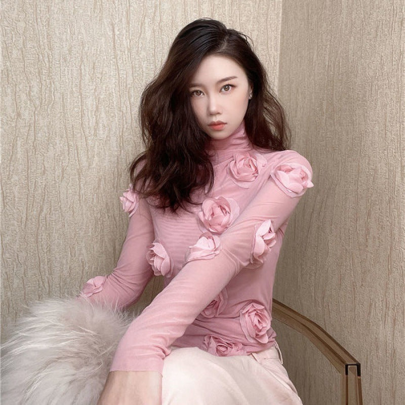 3D Floral Mock Neck Long Sleeve Top