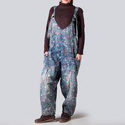 Washed Distressed Printed Adjustable Wide Leg Denim Back Pants