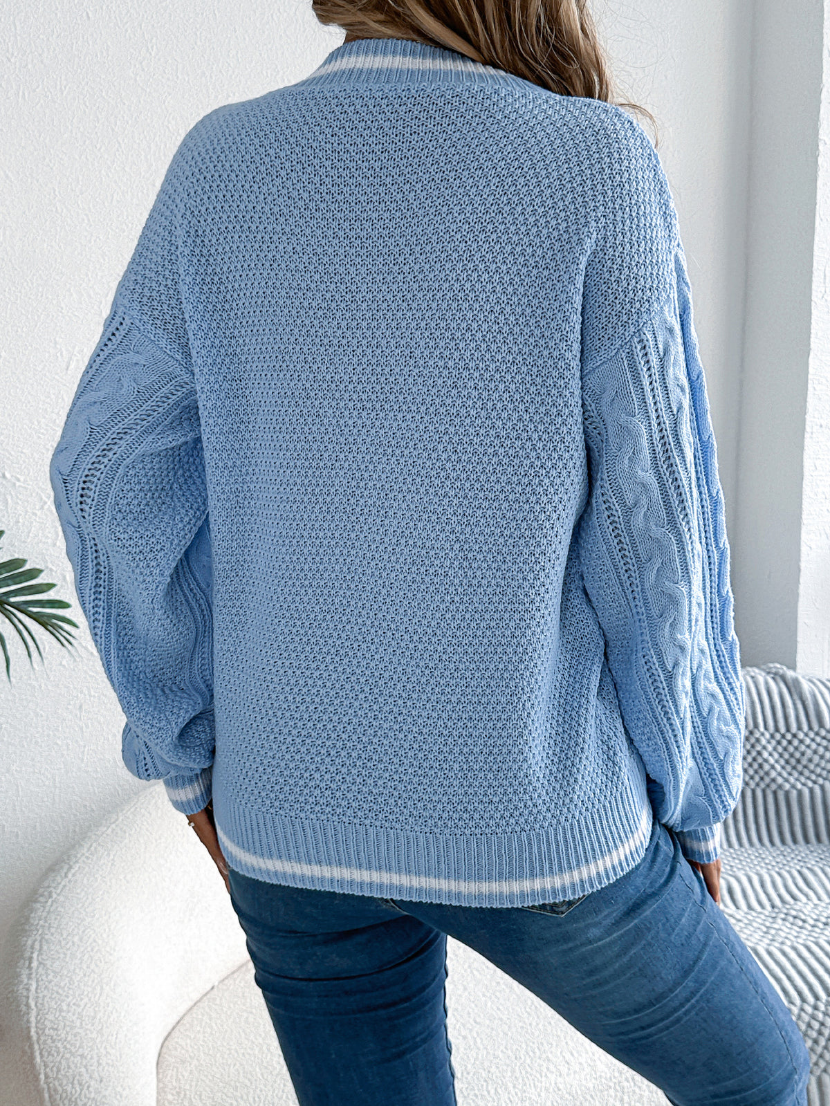 Color Block V-neck Cable Knit Lantern Sleeve Sweater