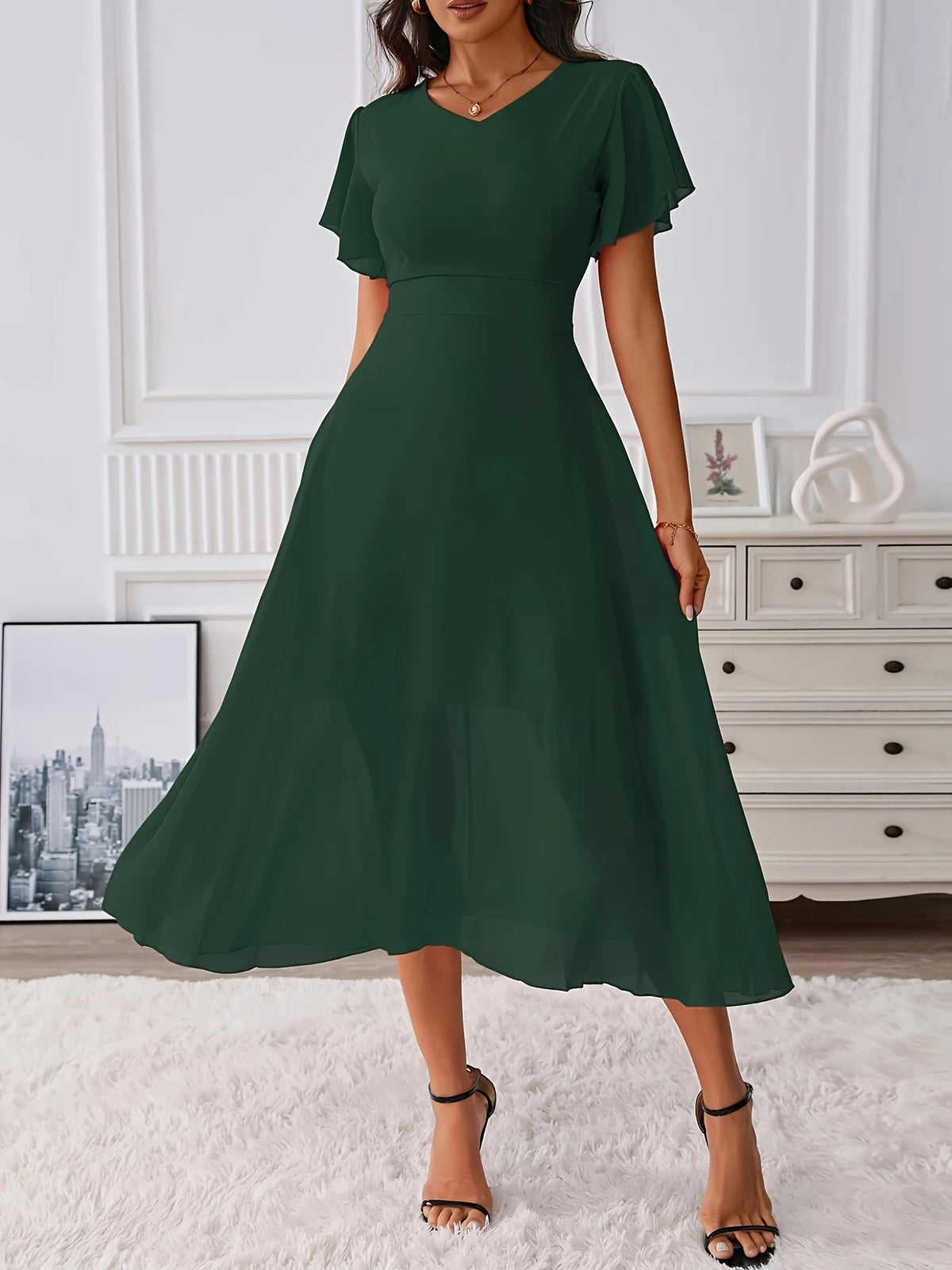 Womens Cinched Waist V-neck Swing Chiffon Dress