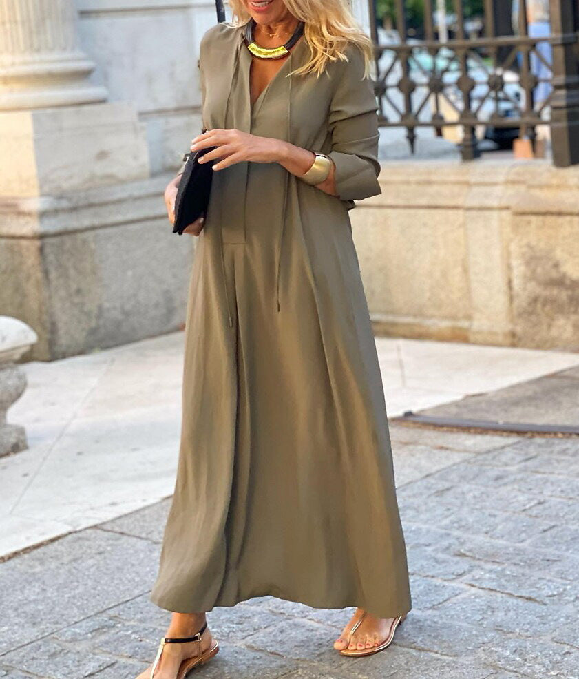 Solid Color V Neck Tie Front Long Sleeve Maxi Dress, Loose Flowy Long Dress for Casual Vacation & Daily Wear