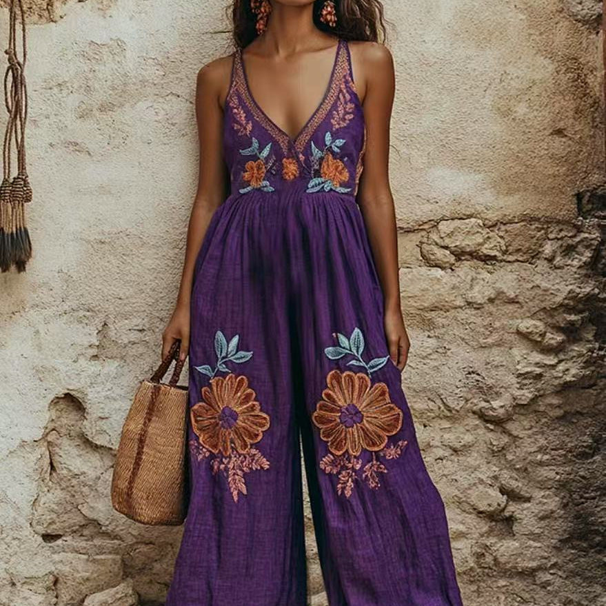 Retro Floral Cotton-Linen Wide-Leg Jumpsuit