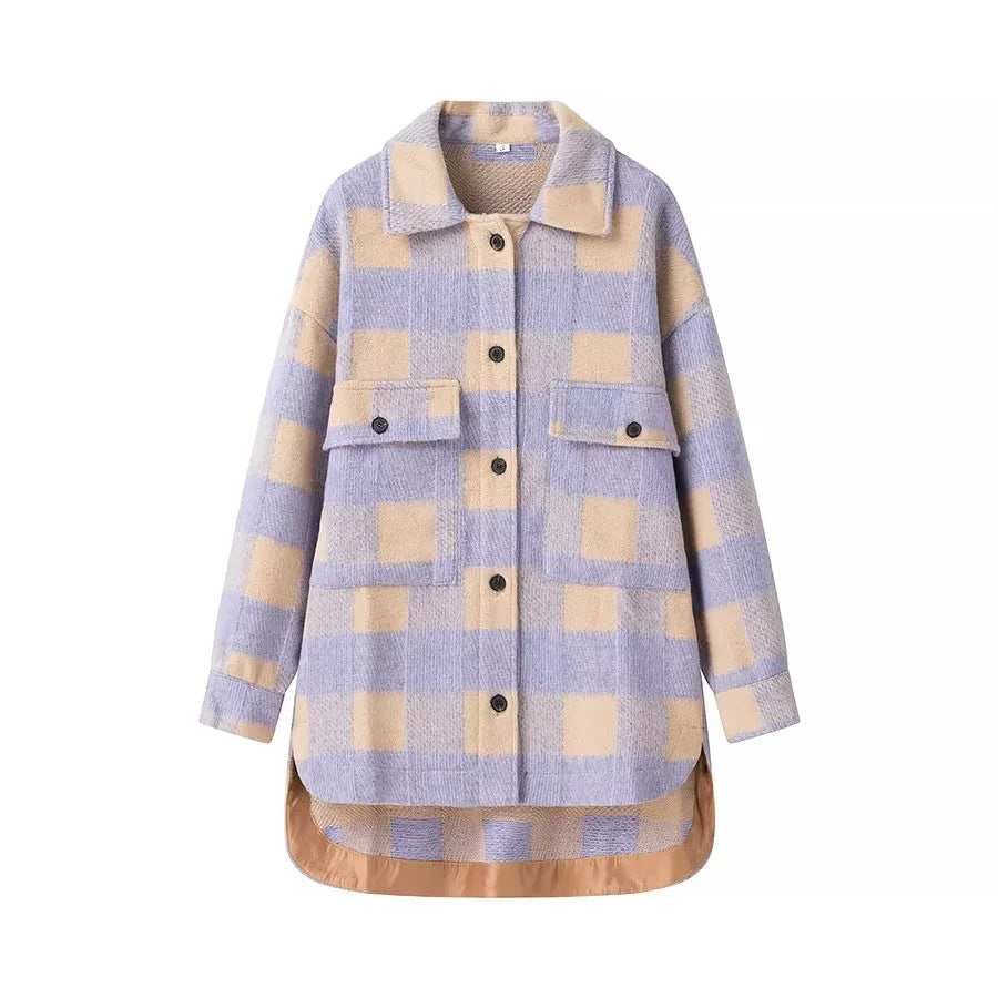 Women's Retro Plaid Loose Turn-down Collar Coat