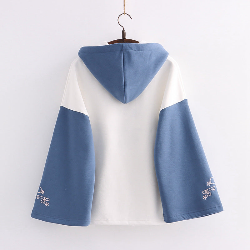 Alphabet Color Matching Sleeves And Velvet Padded Hooded Sweater Women