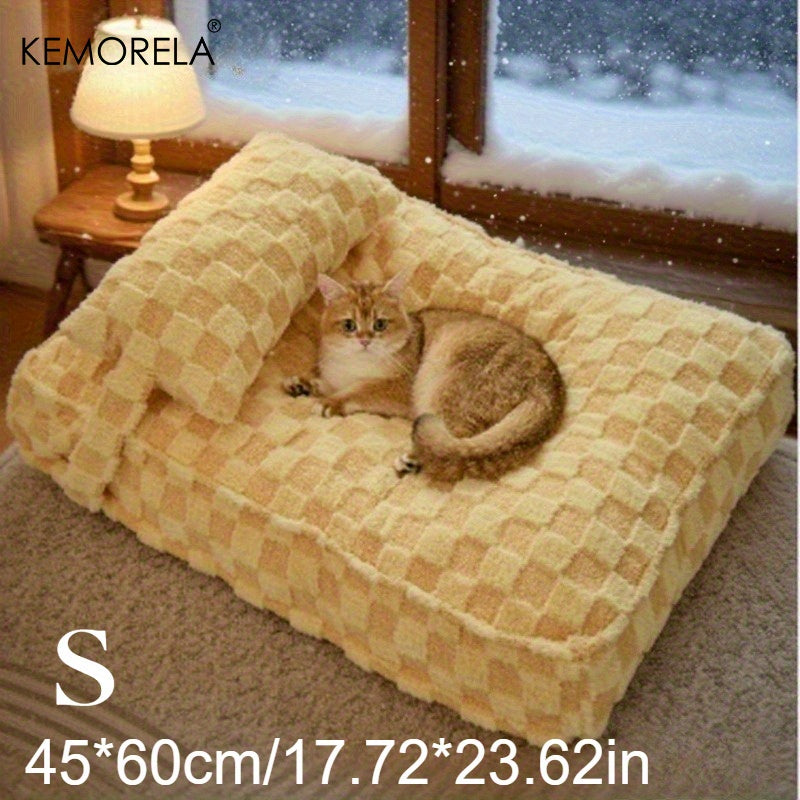 Kemorela Extra Small, Medium & Large Dog & Cat Sofa Bed - Ultra-Warm Removable Washable Pet Bed With Pillows, Soft Coral Fleece High Rebound, Square Cozy Bed For Small Dogs & Cats, Autumn & Winter Use