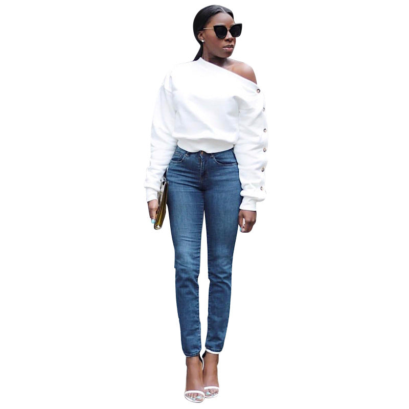 Chic Off-Shoulder Buckle Sleeve Sweater for Women