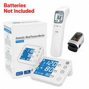 2‑3 Piece Health Monitoring Set: Automatic Blood Pressure Monitor, Oximeter & Forehead Thermometer with Large LCD, USB Charging and 99‑Reading Memory