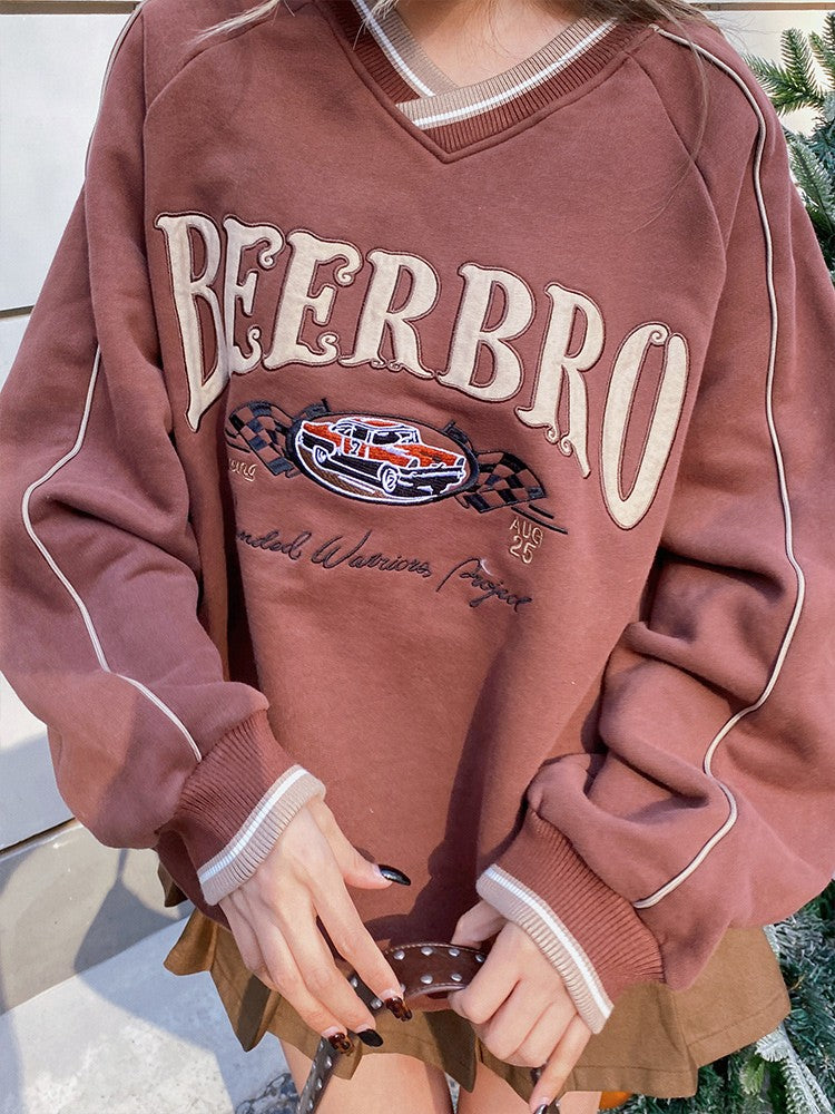Embroidered Contrast V-Neck Racing Streetwear Top