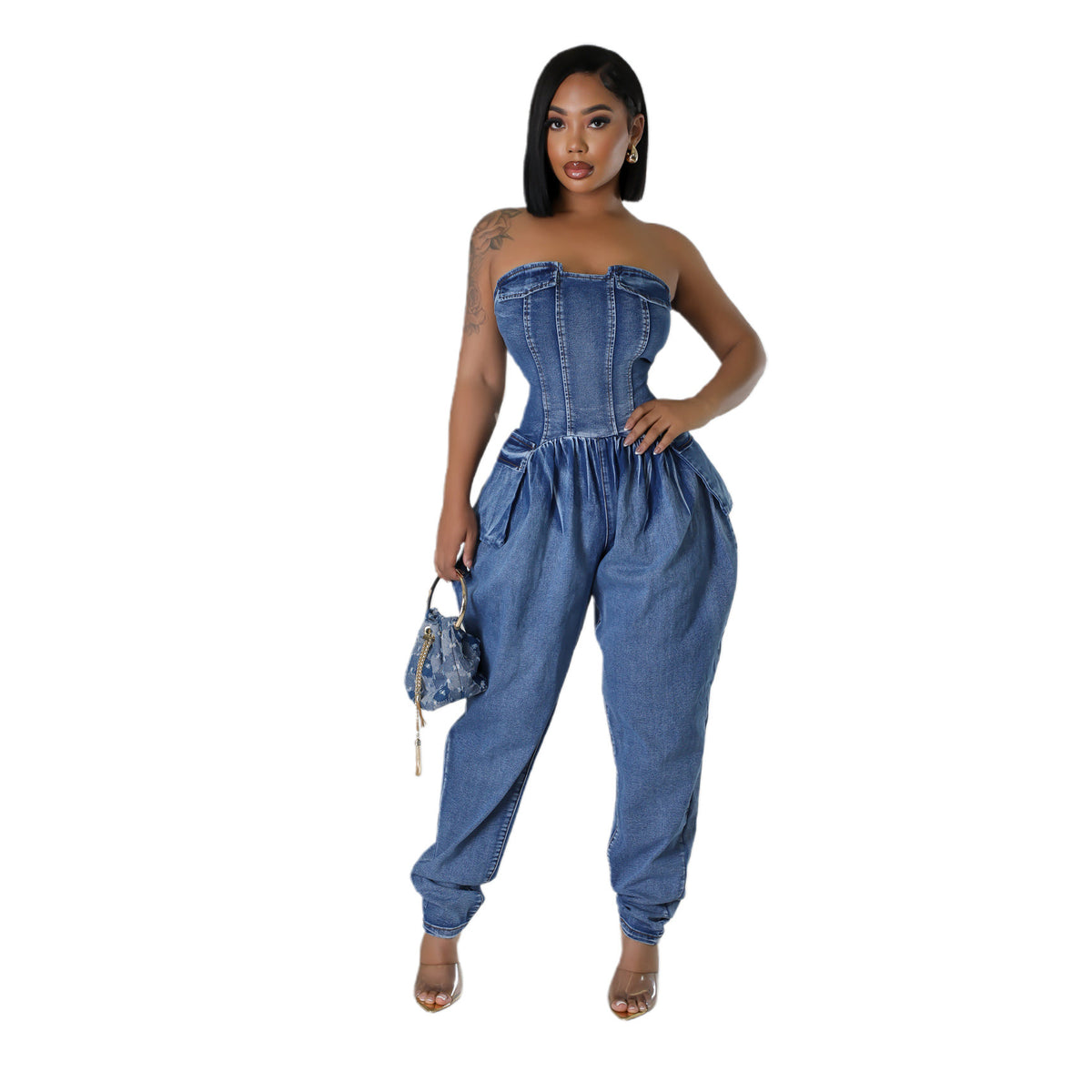 Women's High Stretch Denim Tube Top Jumpsuit