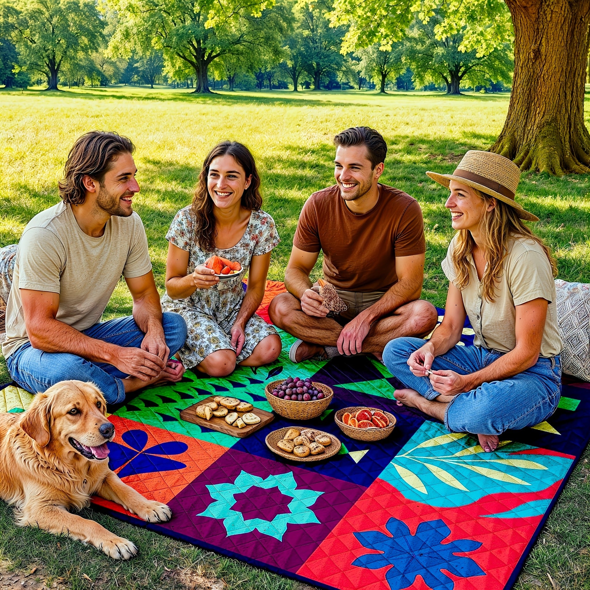 Extra Large 78x78 Inch Foldable Picnic Blanket with Carry Strap - Soft Padded Three-Layer Design, Colorful Floral & Fruit Print for Beach, Park, Camping, Travel - Durable Polyester, Hand Wash Only,...