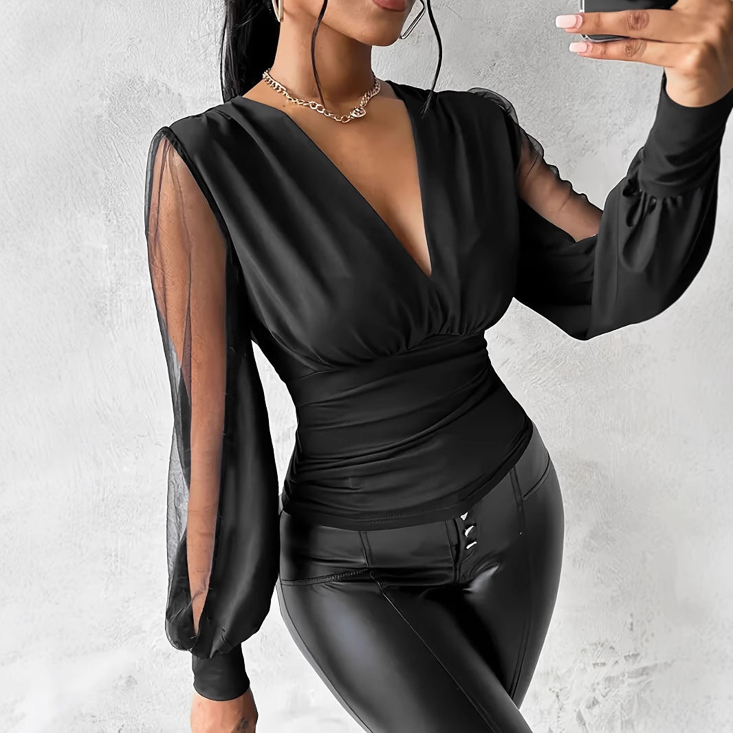 Elegant V-Neck Mesh Patchwork Top – Slim Fit Long Sleeve
