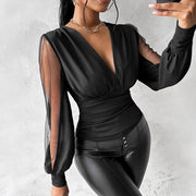 Elegant V-Neck Mesh Patchwork Top – Slim Fit Long Sleeve